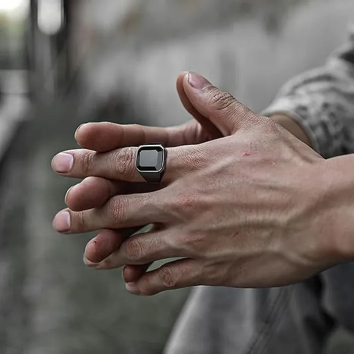 Men's Square Gemstone Ring – Vintage Titanium Steel, Trendy Stainless Steel Jewelry, Wholesale