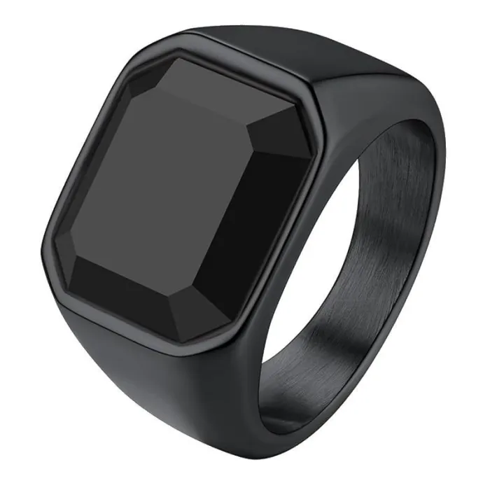 Men's Square Gemstone Ring – Vintage Titanium Steel, Trendy Stainless Steel Jewelry, Wholesale